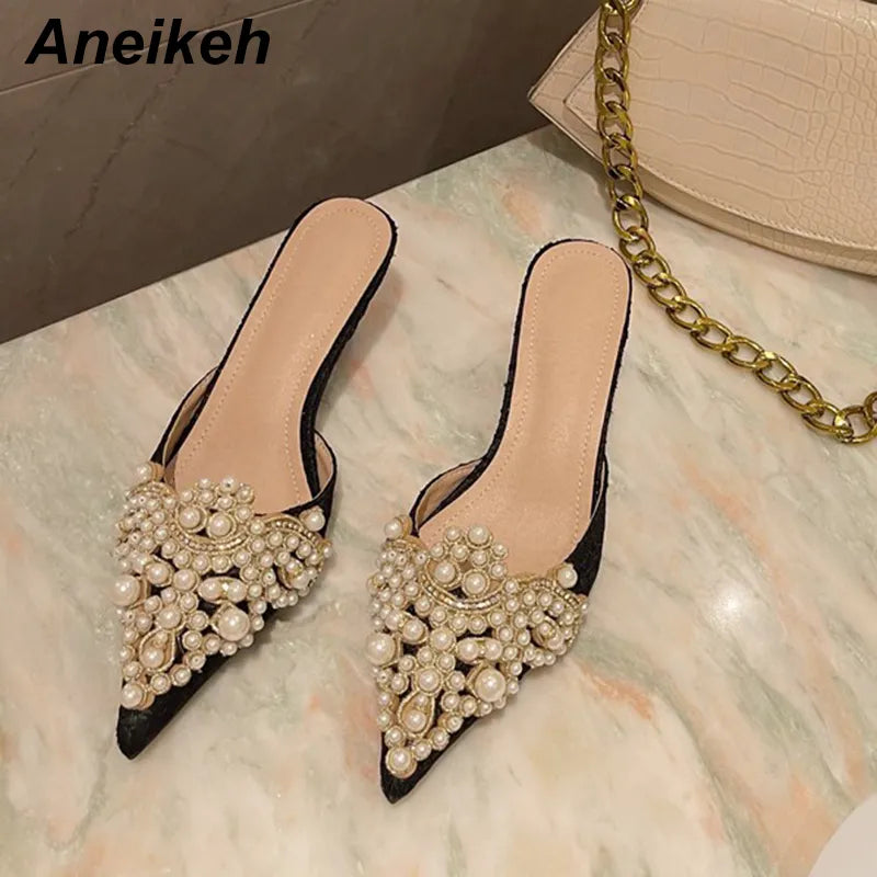 Aneikeh Spring/Autumn Fashion Sexy Women Shoes Elegant String Bead Crystal Patchwork Slip-On 35-42 Thin Heels Slipper NEW 2024