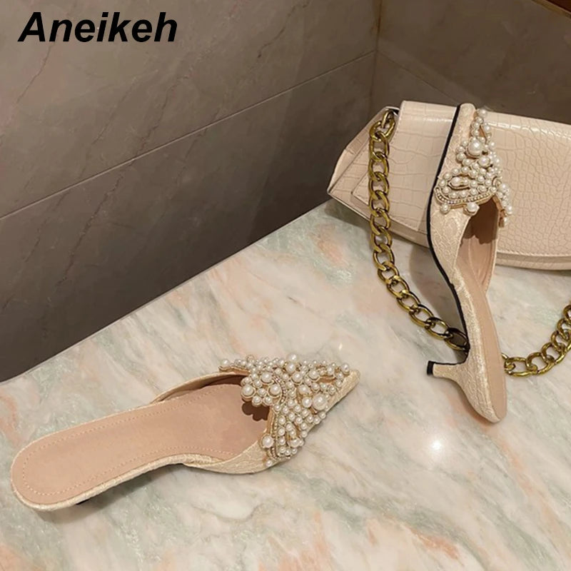 Aneikeh Spring/Autumn Fashion Sexy Women Shoes Elegant String Bead Crystal Patchwork Slip-On 35-42 Thin Heels Slipper NEW 2024