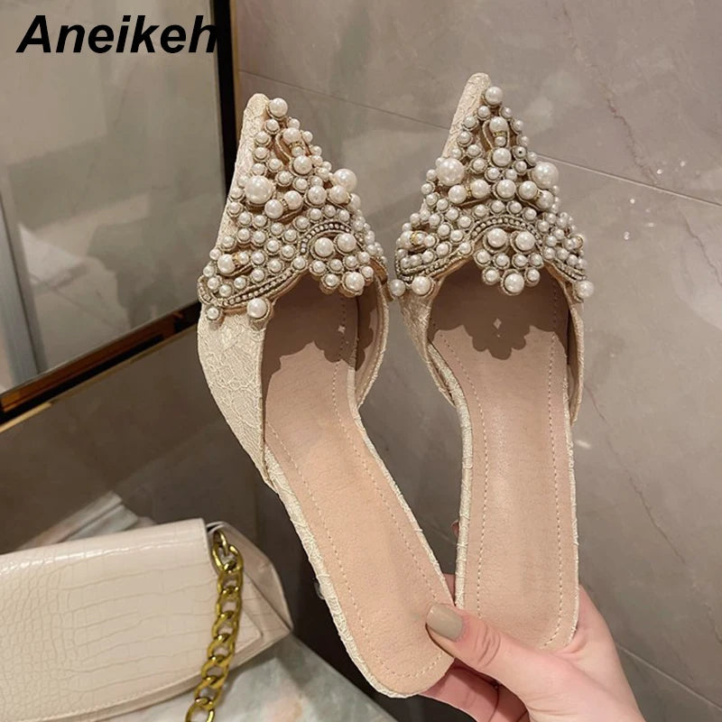 Aneikeh Spring/Autumn Fashion Sexy Women Shoes Elegant String Bead Crystal Patchwork Slip-On 35-42 Thin Heels Slipper NEW 2024