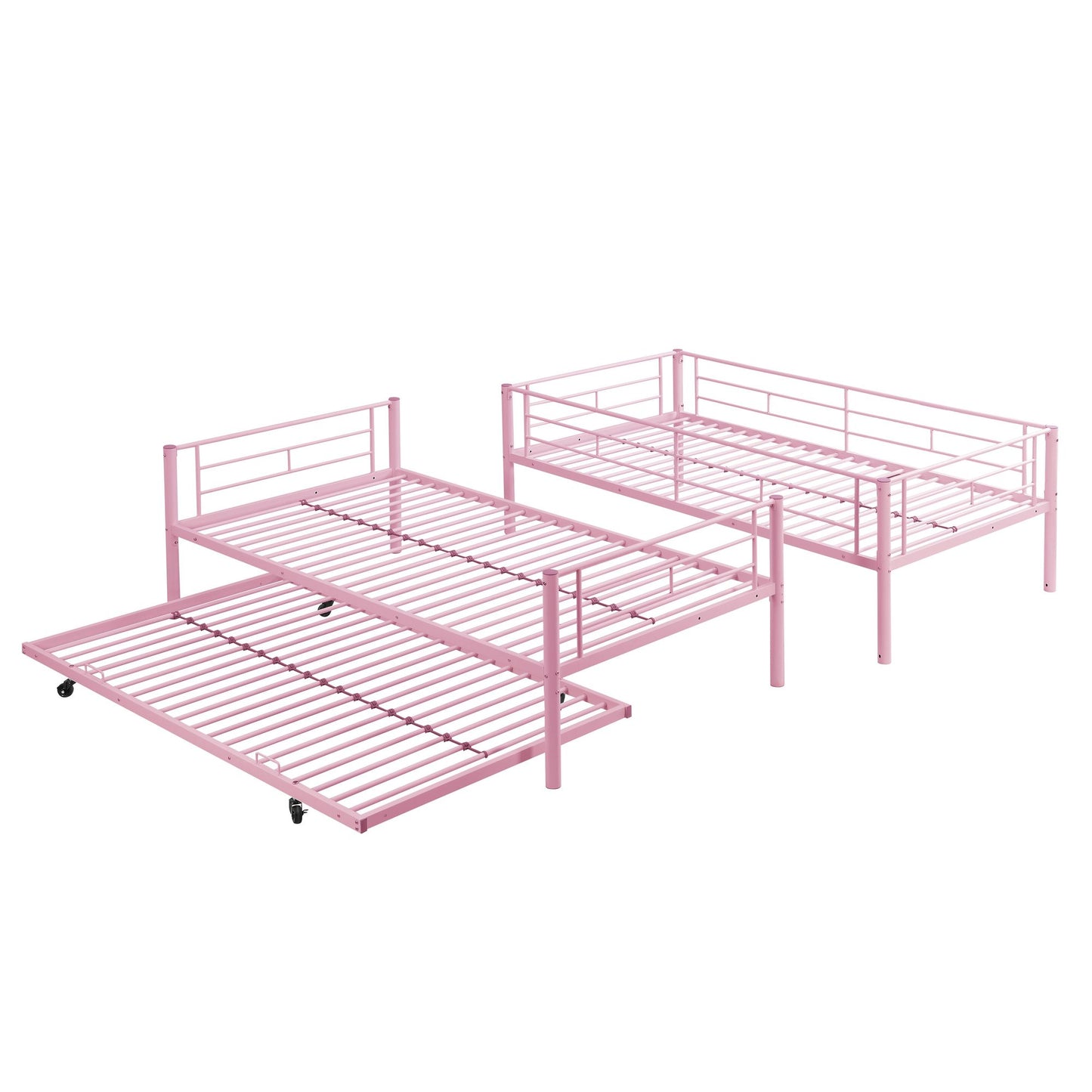 Over Twin Bunk Bed Frame with Trundle,Metal Bunkbed with Sturdy Guard Rail and 2 sideLadders for Kids/Adults,Can be Divided Into Two Beds, No Box Spring Needed, Noise Free for Dorm