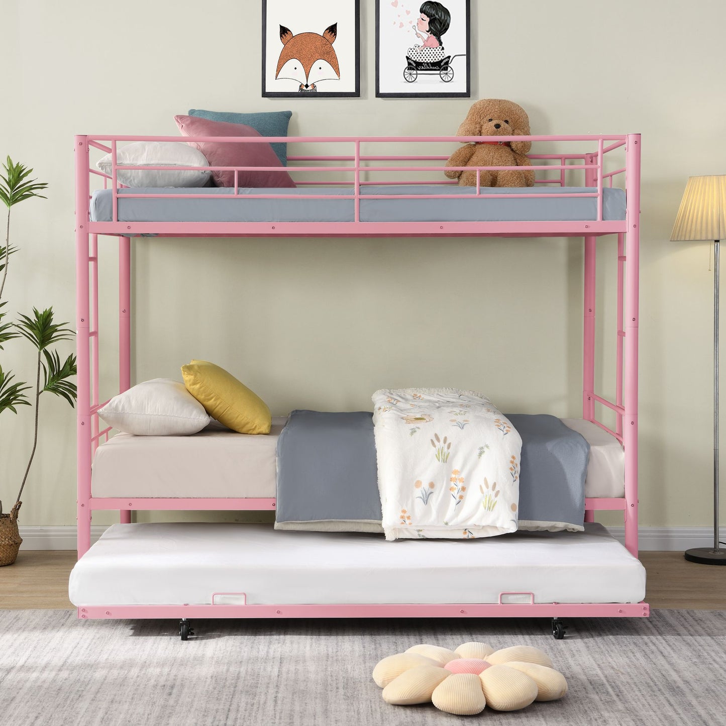 Over Twin Bunk Bed Frame with Trundle,Metal Bunkbed with Sturdy Guard Rail and 2 sideLadders for Kids/Adults,Can be Divided Into Two Beds, No Box Spring Needed, Noise Free for Dorm