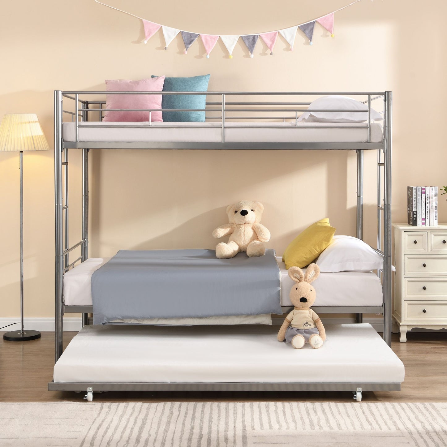 Over Twin Bunk Bed Frame with Trundle,Metal Bunkbed with Sturdy Guard Rail and 2 sideLadders for Kids/Adults,Can be Divided Into Two Beds, No Box Spring Needed, Noise Free for Dorm