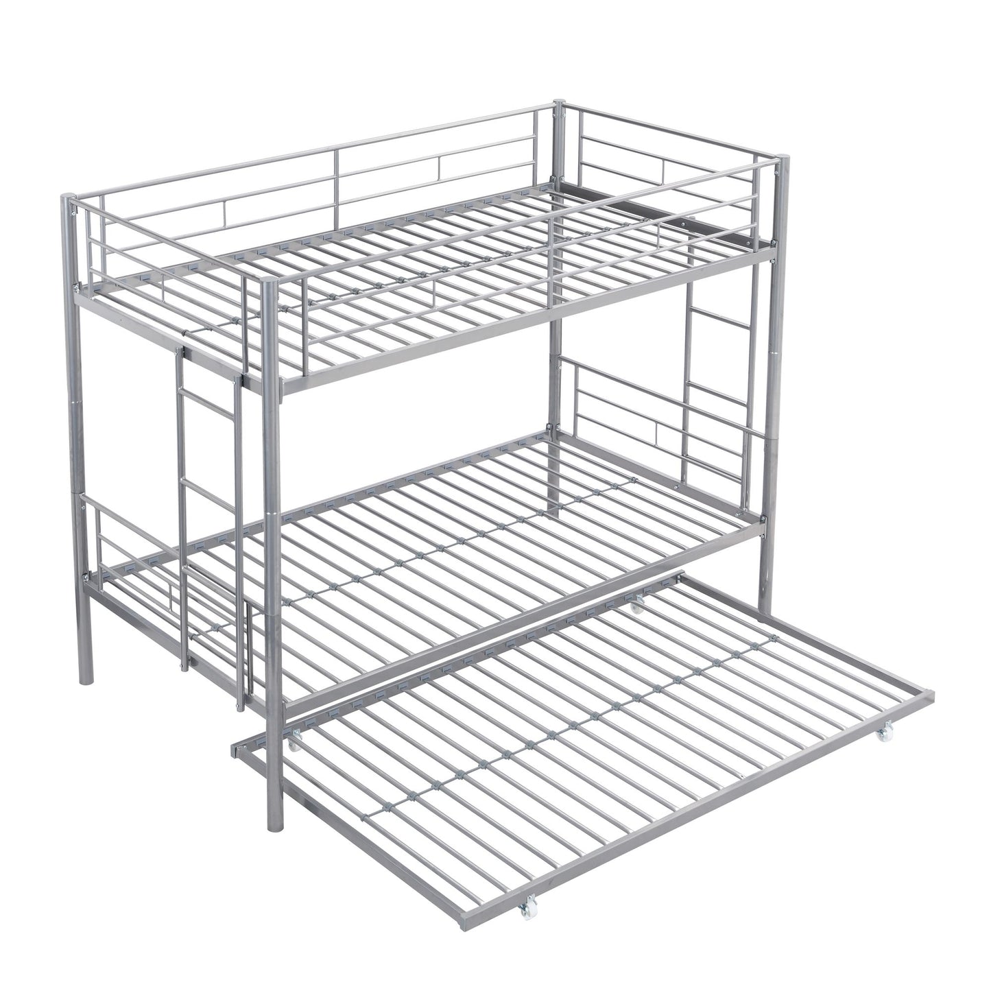 Over Twin Bunk Bed Frame with Trundle,Metal Bunkbed with Sturdy Guard Rail and 2 sideLadders for Kids/Adults,Can be Divided Into Two Beds, No Box Spring Needed, Noise Free for Dorm