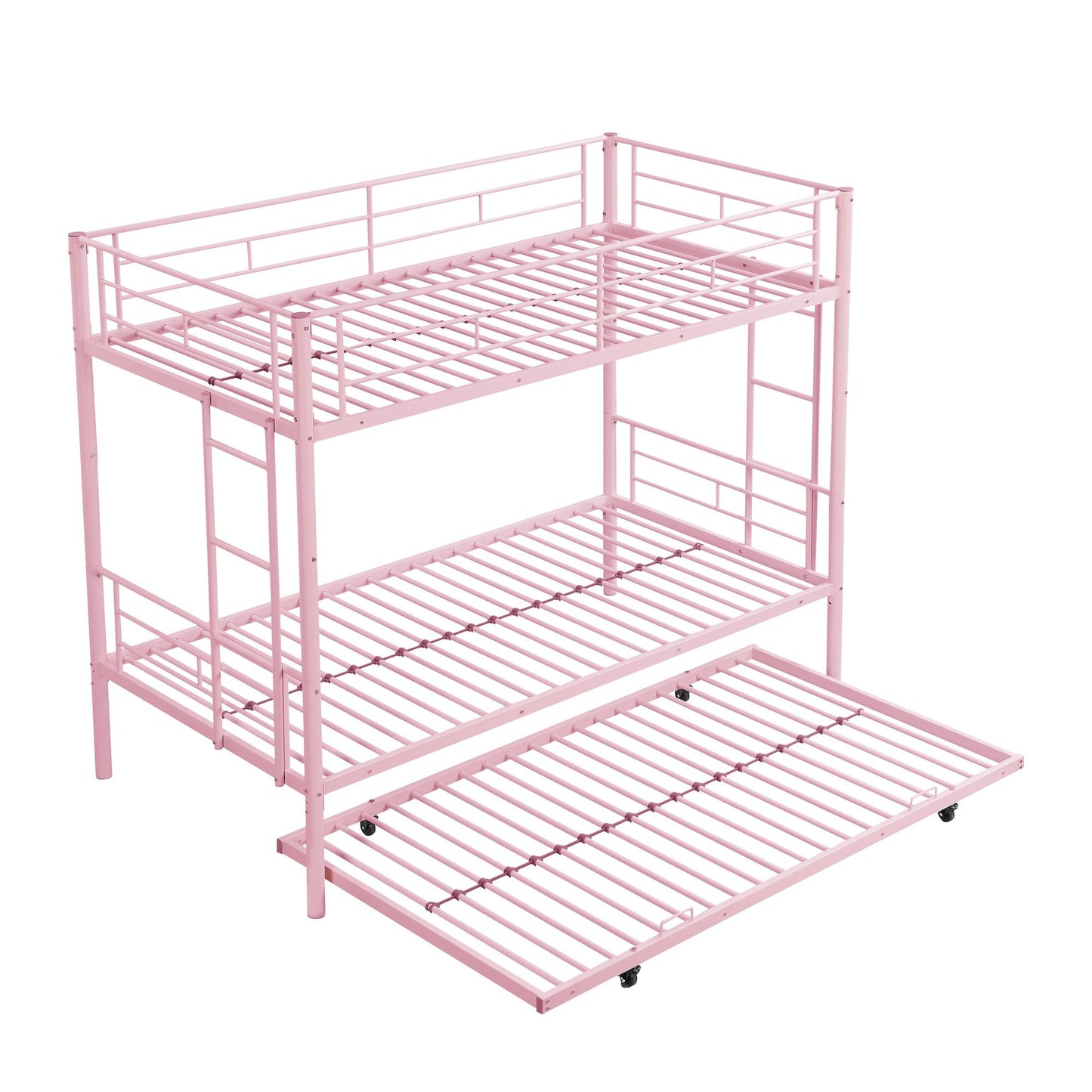 Over Twin Bunk Bed Frame with Trundle,Metal Bunkbed with Sturdy Guard Rail and 2 sideLadders for Kids/Adults,Can be Divided Into Two Beds, No Box Spring Needed, Noise Free for Dorm