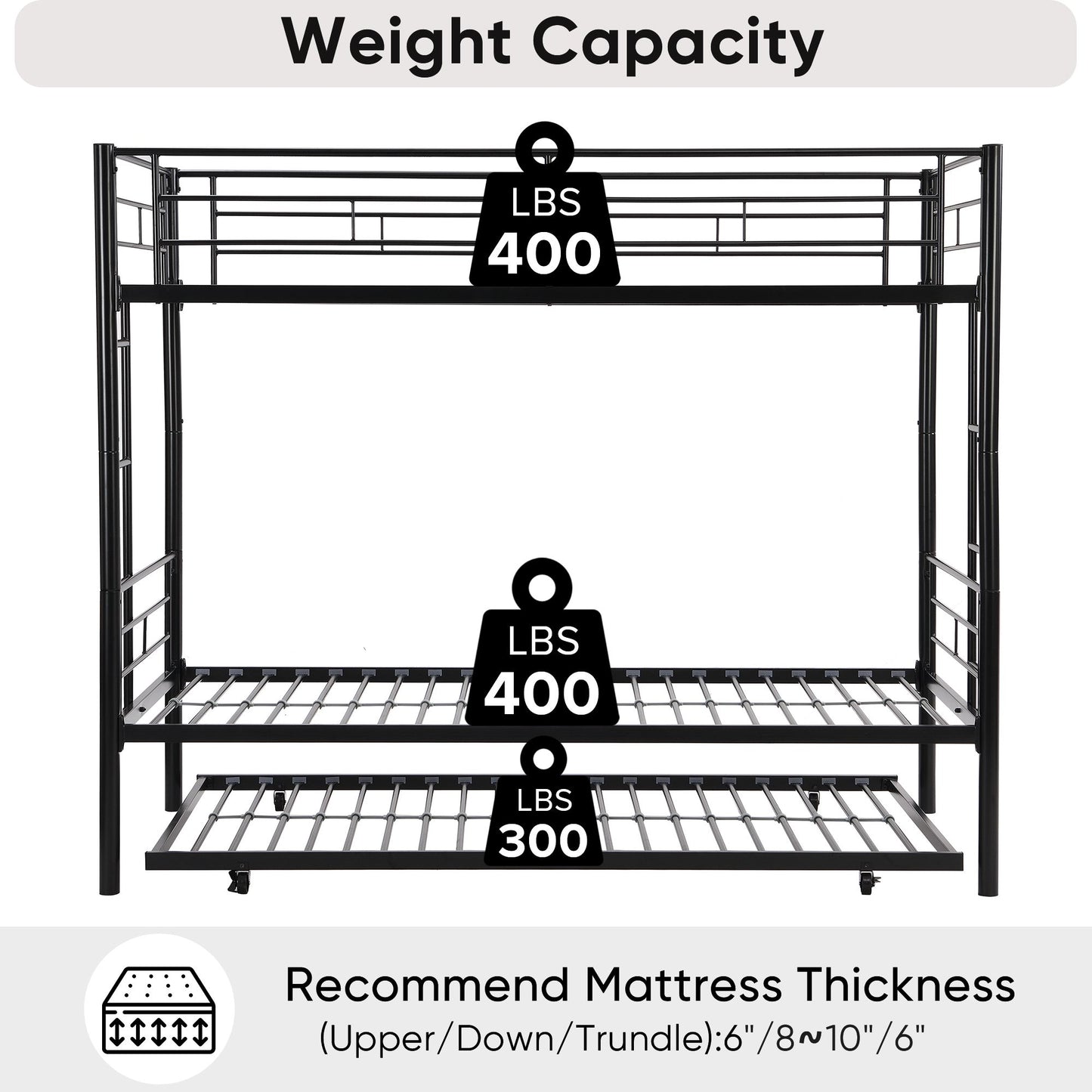 Over Twin Bunk Bed Frame with Trundle,Metal Bunkbed with Sturdy Guard Rail and 2 sideLadders for Kids/Adults,Can be Divided Into Two Beds, No Box Spring Needed, Noise Free for Dorm,Black