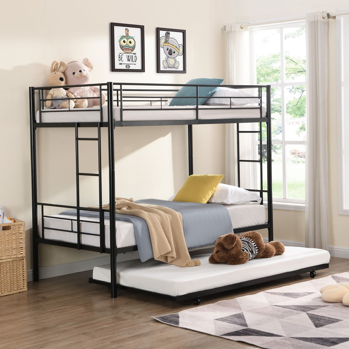 Over Twin Bunk Bed Frame with Trundle,Metal Bunkbed with Sturdy Guard Rail and 2 sideLadders for Kids/Adults,Can be Divided Into Two Beds, No Box Spring Needed, Noise Free for Dorm