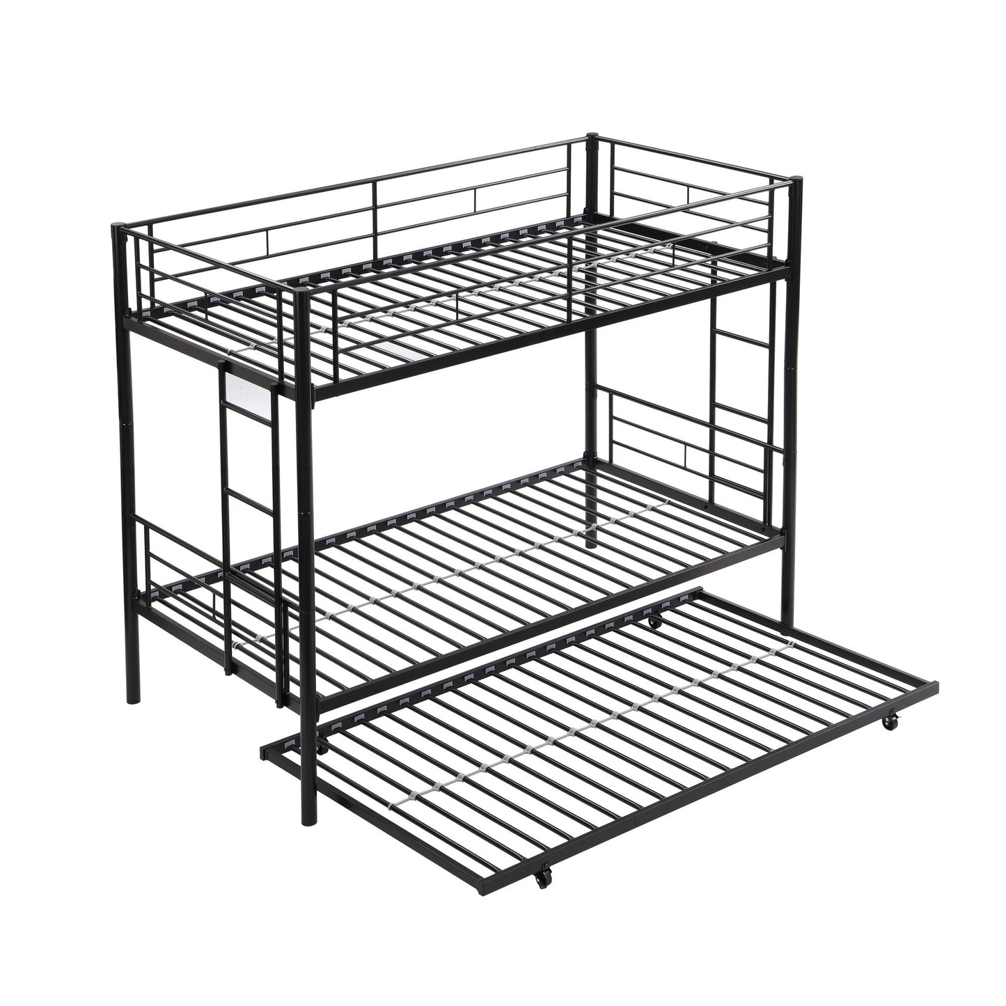 Over Twin Bunk Bed Frame with Trundle,Metal Bunkbed with Sturdy Guard Rail and 2 sideLadders for Kids/Adults,Can be Divided Into Two Beds, No Box Spring Needed, Noise Free for Dorm,Black