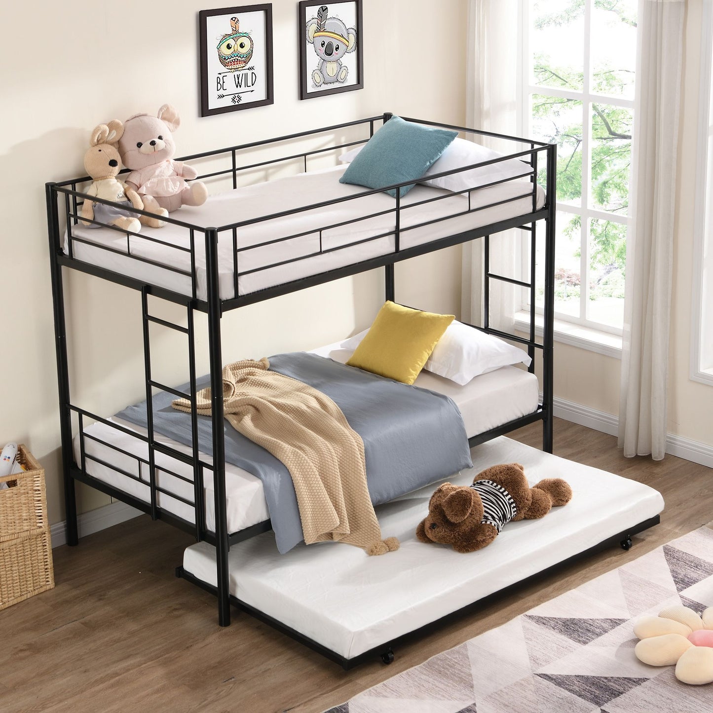 Over Twin Bunk Bed Frame with Trundle,Metal Bunkbed with Sturdy Guard Rail and 2 sideLadders for Kids/Adults,Can be Divided Into Two Beds, No Box Spring Needed, Noise Free for Dorm