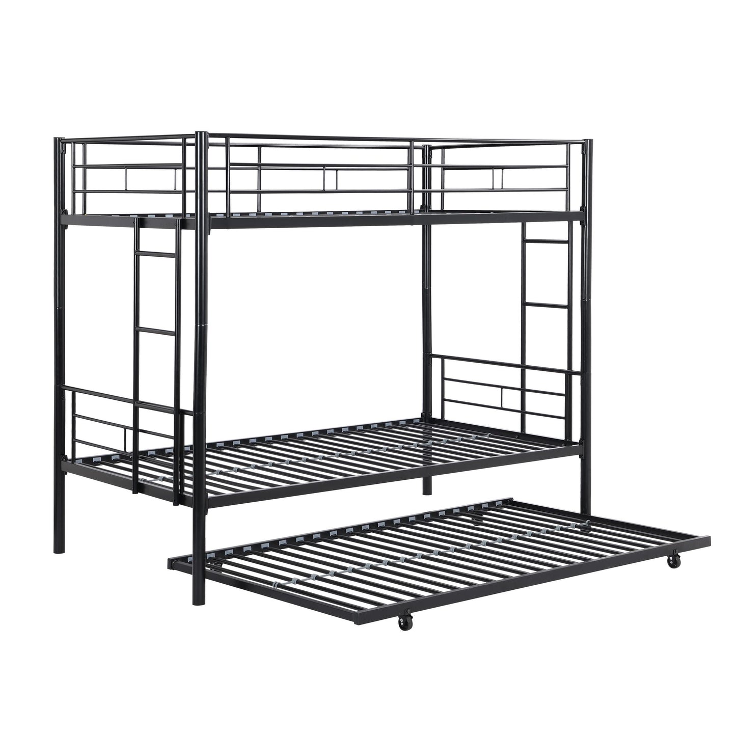 Over Twin Bunk Bed Frame with Trundle,Metal Bunkbed with Sturdy Guard Rail and 2 sideLadders for Kids/Adults,Can be Divided Into Two Beds, No Box Spring Needed, Noise Free for Dorm