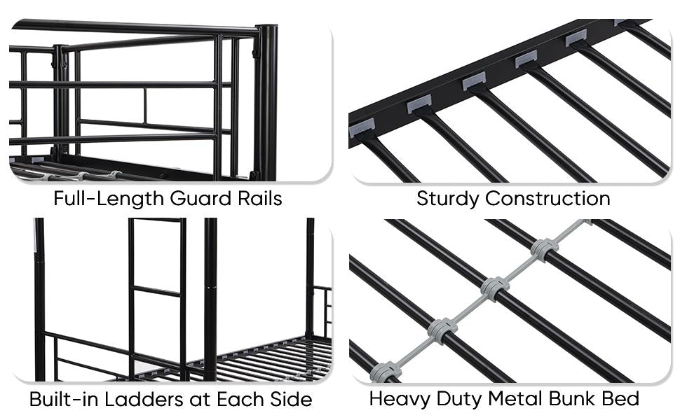 Over Twin Bunk Bed Frame with Trundle,Metal Bunkbed with Sturdy Guard Rail and 2 sideLadders for Kids/Adults,Can be Divided Into Two Beds, No Box Spring Needed, Noise Free for Dorm,Black