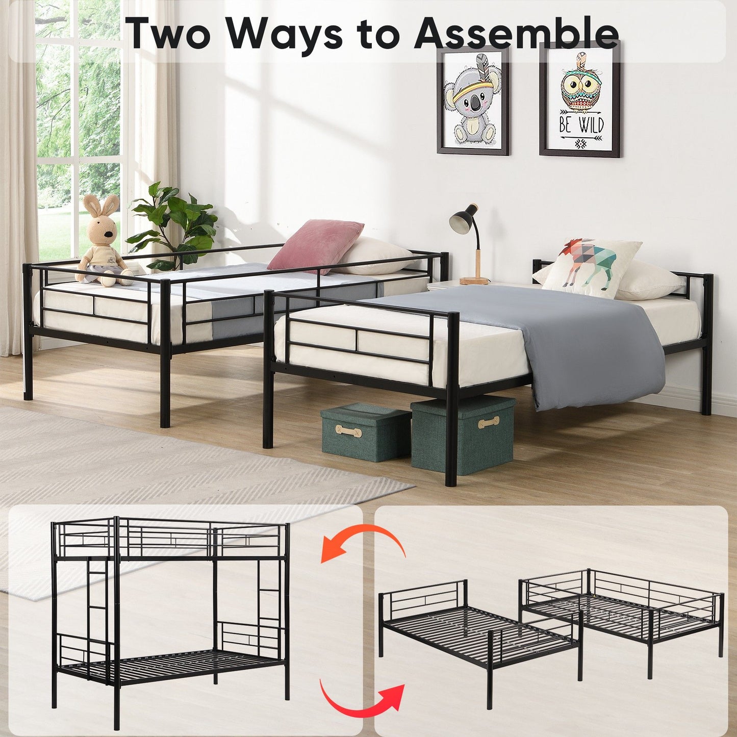 Over Twin Bunk Bed Frame with Trundle,Metal Bunkbed with Sturdy Guard Rail and 2 sideLadders for Kids/Adults,Can be Divided Into Two Beds, No Box Spring Needed, Noise Free for Dorm