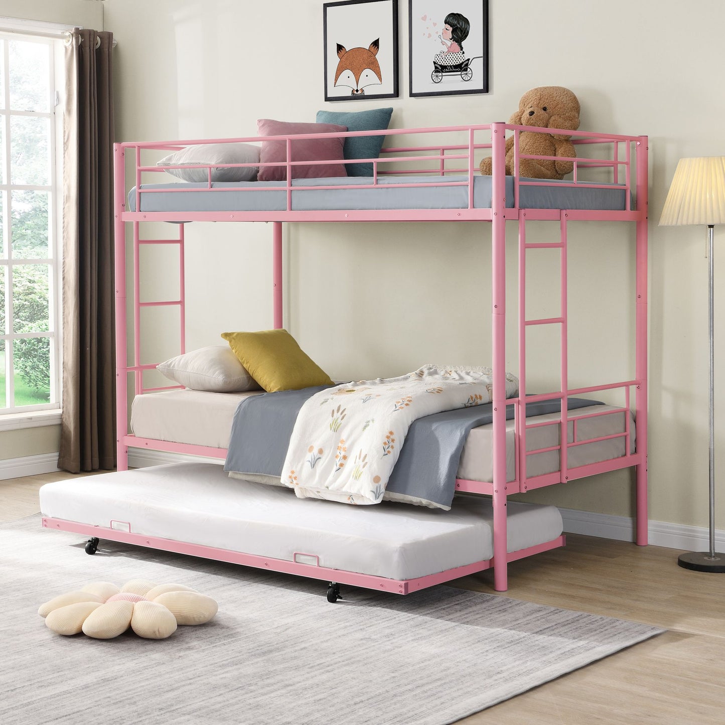 Over Twin Bunk Bed Frame with Trundle,Metal Bunkbed with Sturdy Guard Rail and 2 sideLadders for Kids/Adults,Can be Divided Into Two Beds, No Box Spring Needed, Noise Free for Dorm