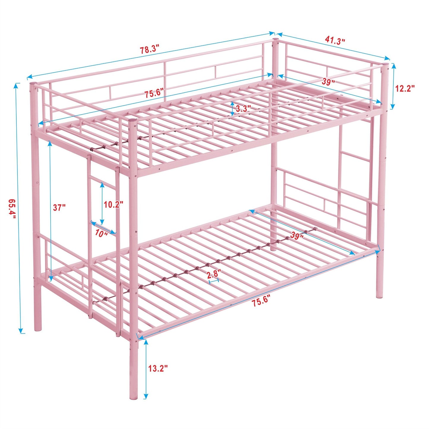 Over Twin Bunk Bed Frame with Trundle,Metal Bunkbed with Sturdy Guard Rail and 2 sideLadders for Kids/Adults,Can be Divided Into Two Beds, No Box Spring Needed, Noise Free for Dorm