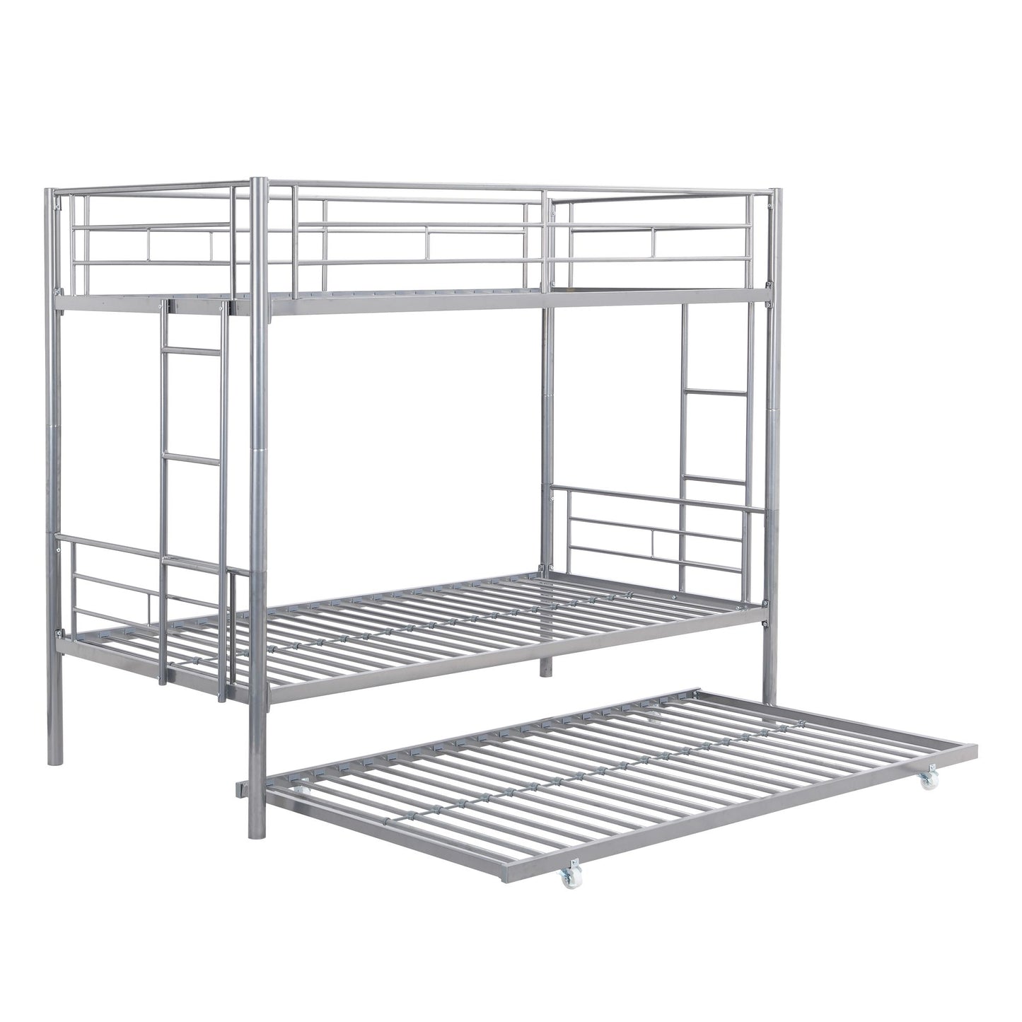 Over Twin Bunk Bed Frame with Trundle,Metal Bunkbed with Sturdy Guard Rail and 2 sideLadders for Kids/Adults,Can be Divided Into Two Beds, No Box Spring Needed, Noise Free for Dorm