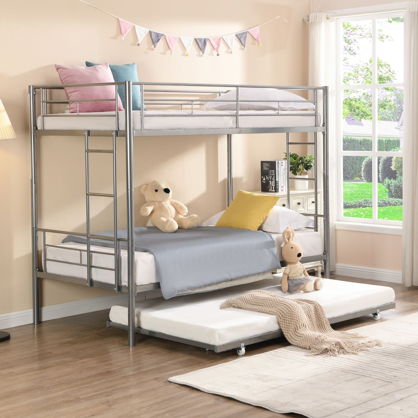 Over Twin Bunk Bed Frame with Trundle,Metal Bunkbed with Sturdy Guard Rail and 2 sideLadders for Kids/Adults,Can be Divided Into Two Beds, No Box Spring Needed, Noise Free for Dorm