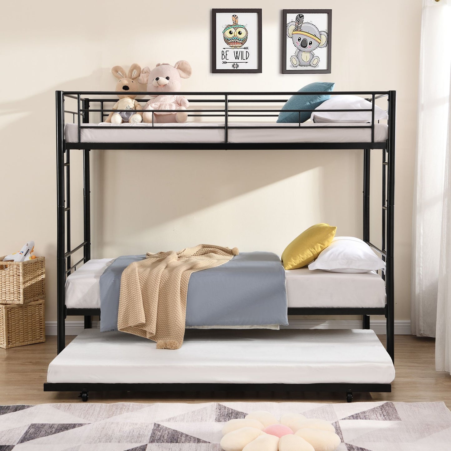 Over Twin Bunk Bed Frame with Trundle,Metal Bunkbed with Sturdy Guard Rail and 2 sideLadders for Kids/Adults,Can be Divided Into Two Beds, No Box Spring Needed, Noise Free for Dorm