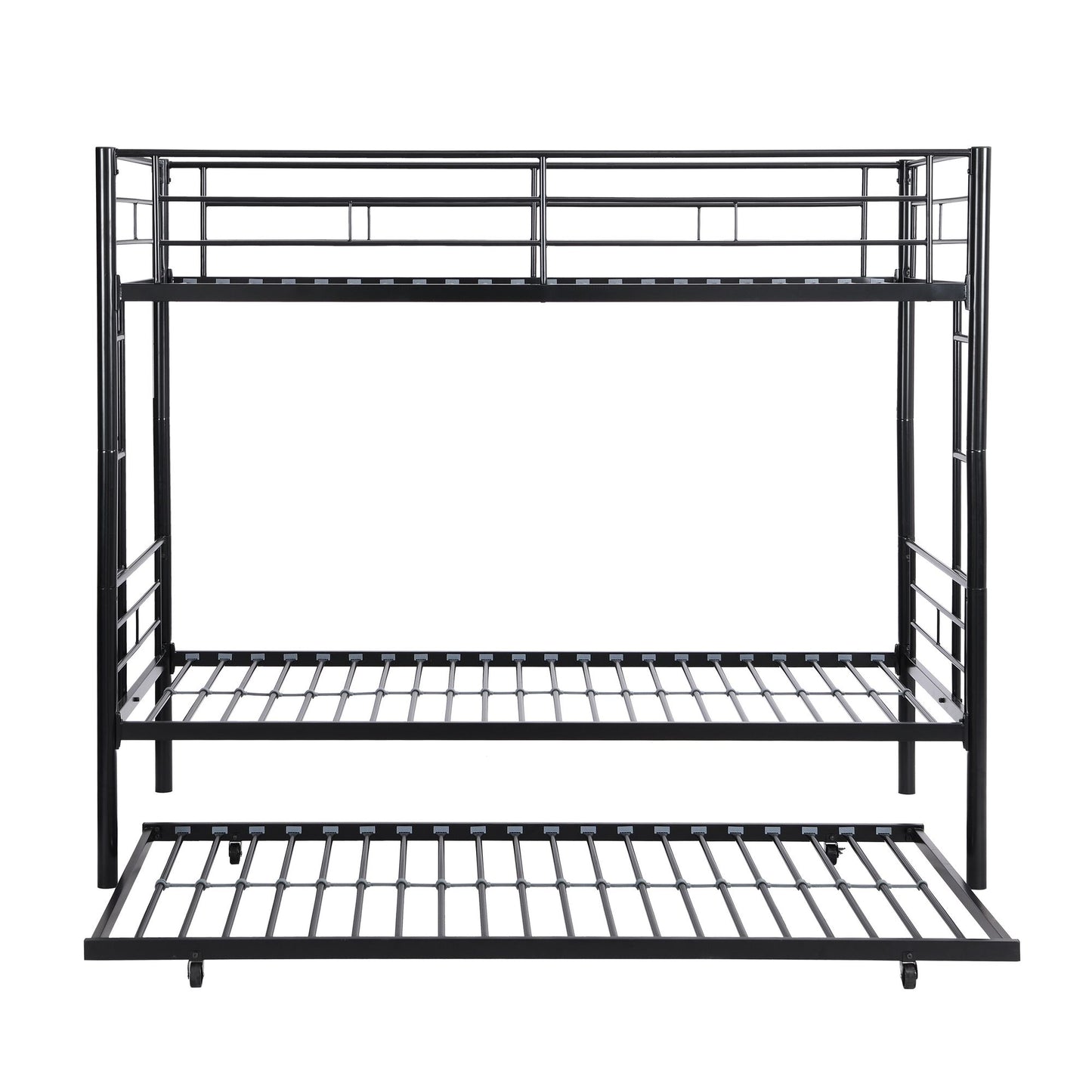 Over Twin Bunk Bed Frame with Trundle,Metal Bunkbed with Sturdy Guard Rail and 2 sideLadders for Kids/Adults,Can be Divided Into Two Beds, No Box Spring Needed, Noise Free for Dorm