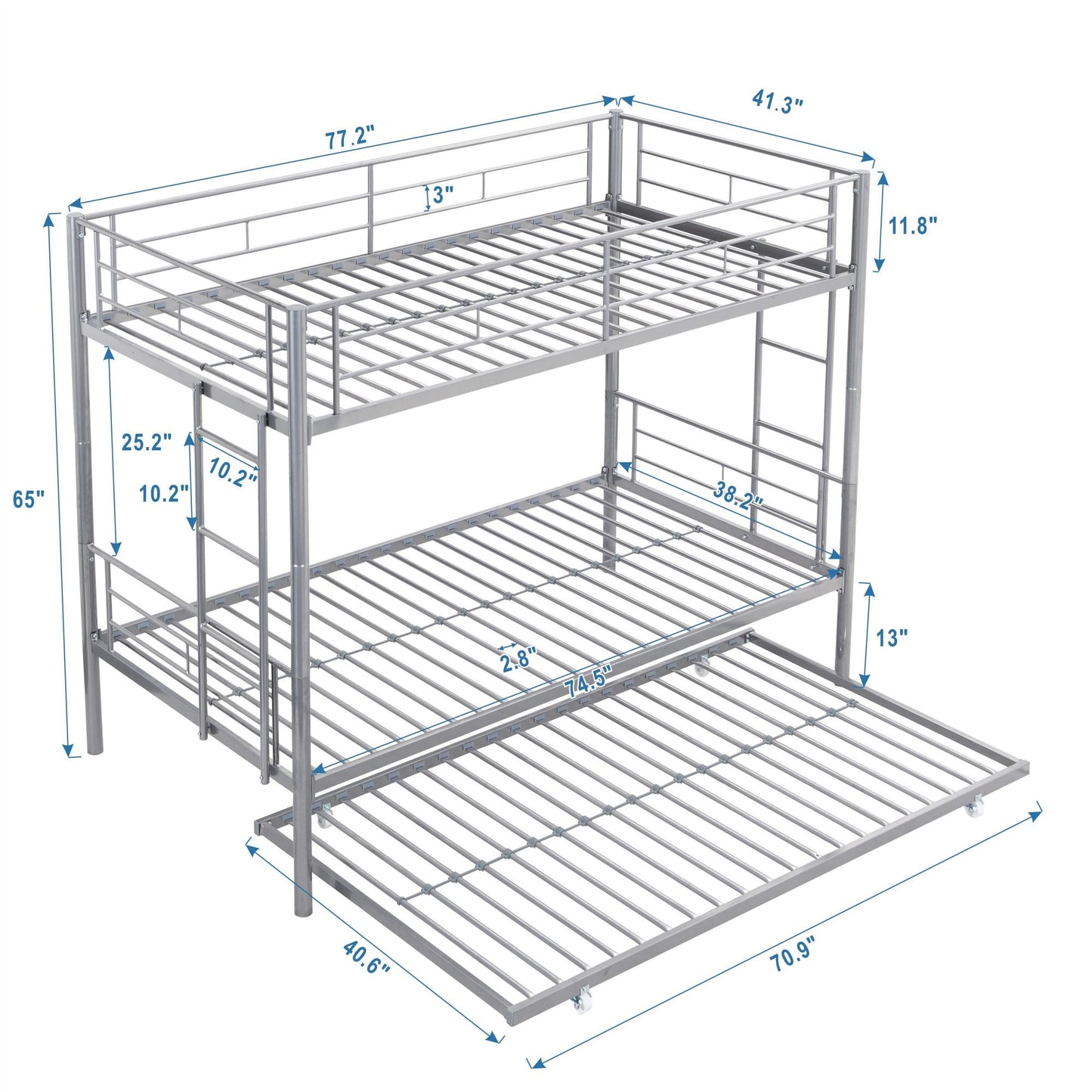 Over Twin Bunk Bed Frame with Trundle,Metal Bunkbed with Sturdy Guard Rail and 2 sideLadders for Kids/Adults,Can be Divided Into Two Beds, No Box Spring Needed, Noise Free for Dorm