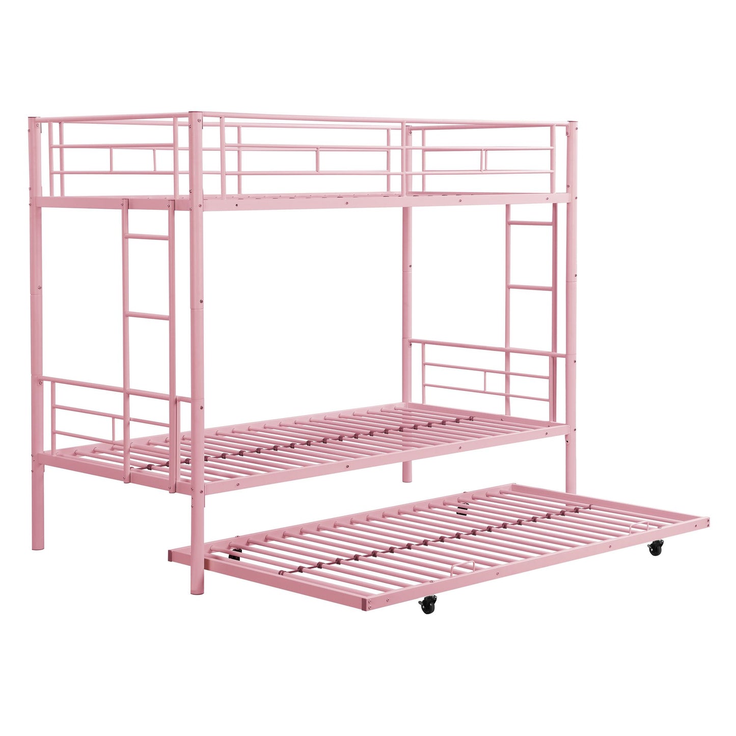 Over Twin Bunk Bed Frame with Trundle,Metal Bunkbed with Sturdy Guard Rail and 2 sideLadders for Kids/Adults,Can be Divided Into Two Beds, No Box Spring Needed, Noise Free for Dorm