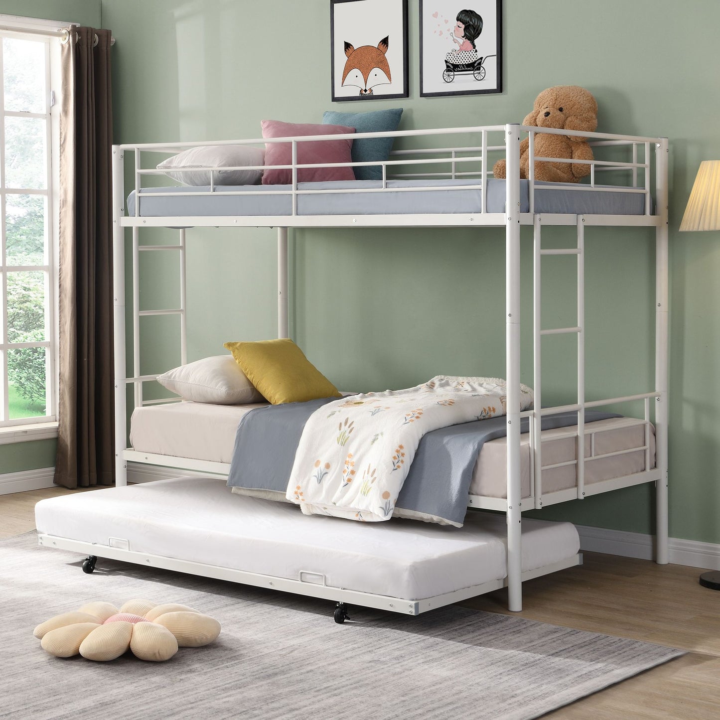 Over Twin Bunk Bed Frame with Trundle,Metal Bunkbed with Sturdy Guard Rail and 2 sideLadders for Kids/Adults,Can be Divided Into Two Beds, No Box Spring Needed, Noise Free for Dorm