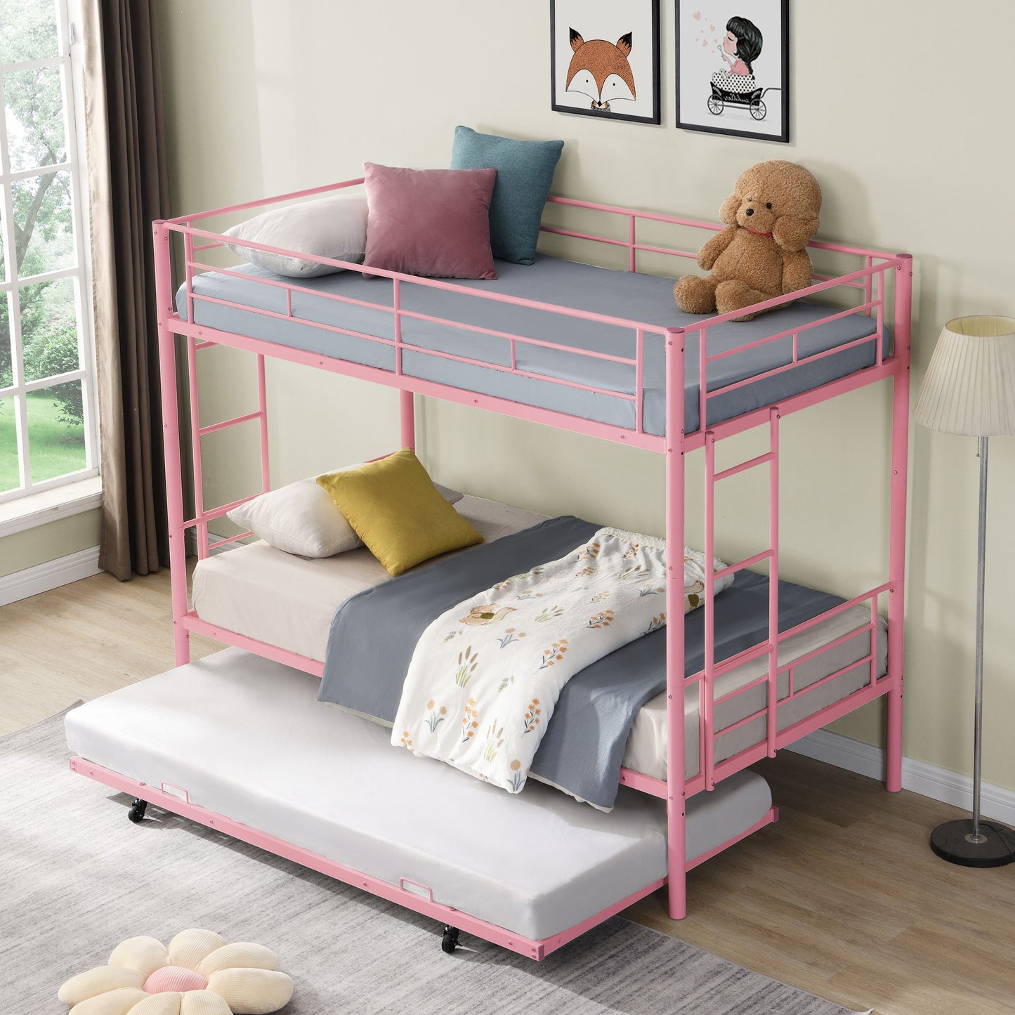 Over Twin Bunk Bed Frame with Trundle,Metal Bunkbed with Sturdy Guard Rail and 2 sideLadders for Kids/Adults,Can be Divided Into Two Beds, No Box Spring Needed, Noise Free for Dorm