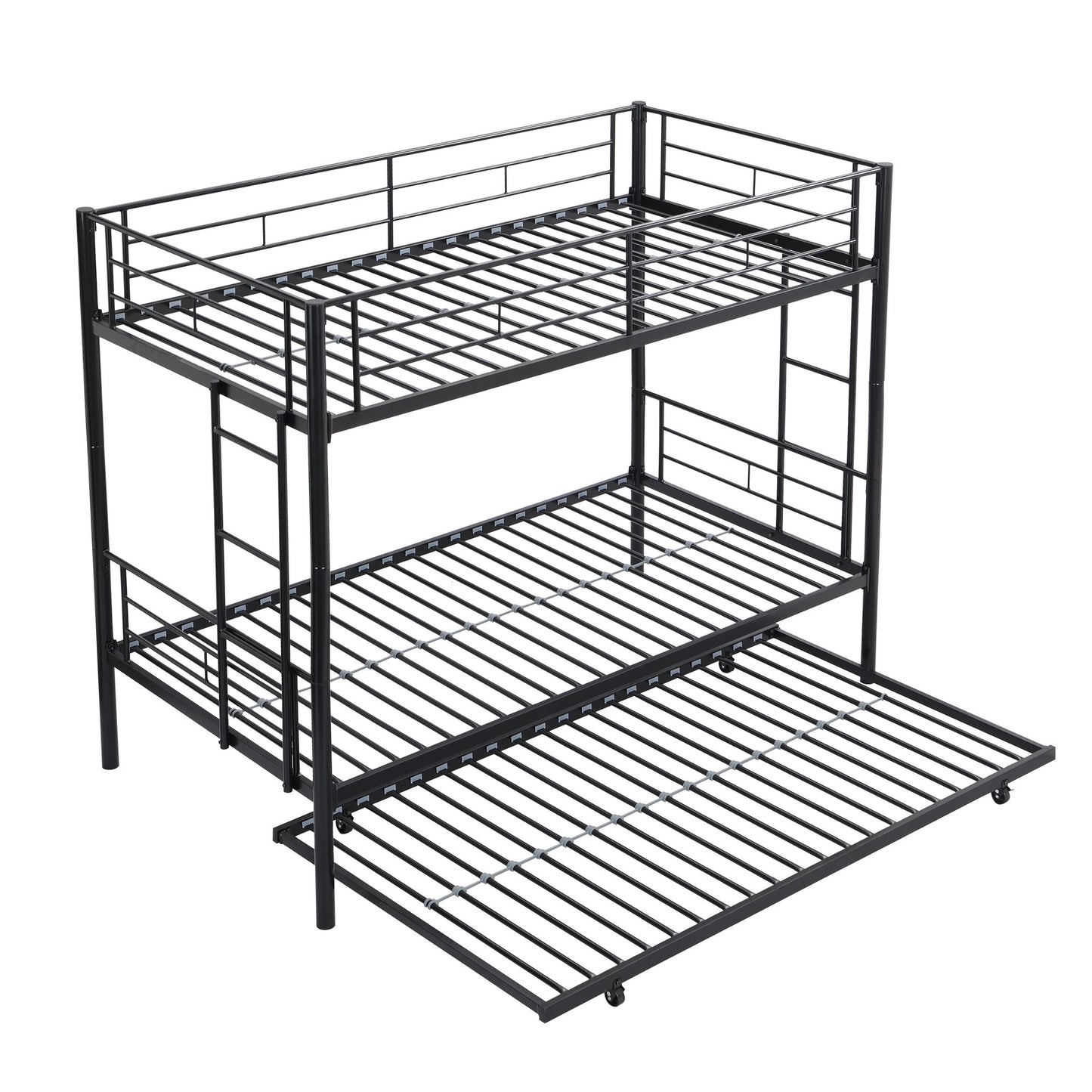 Over Twin Bunk Bed Frame with Trundle,Metal Bunkbed with Sturdy Guard Rail and 2 sideLadders for Kids/Adults,Can be Divided Into Two Beds, No Box Spring Needed, Noise Free for Dorm